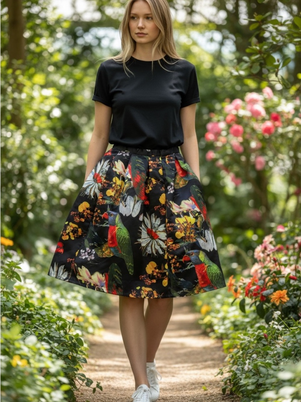 Floral Parrot Print A-Line Skirt in Black